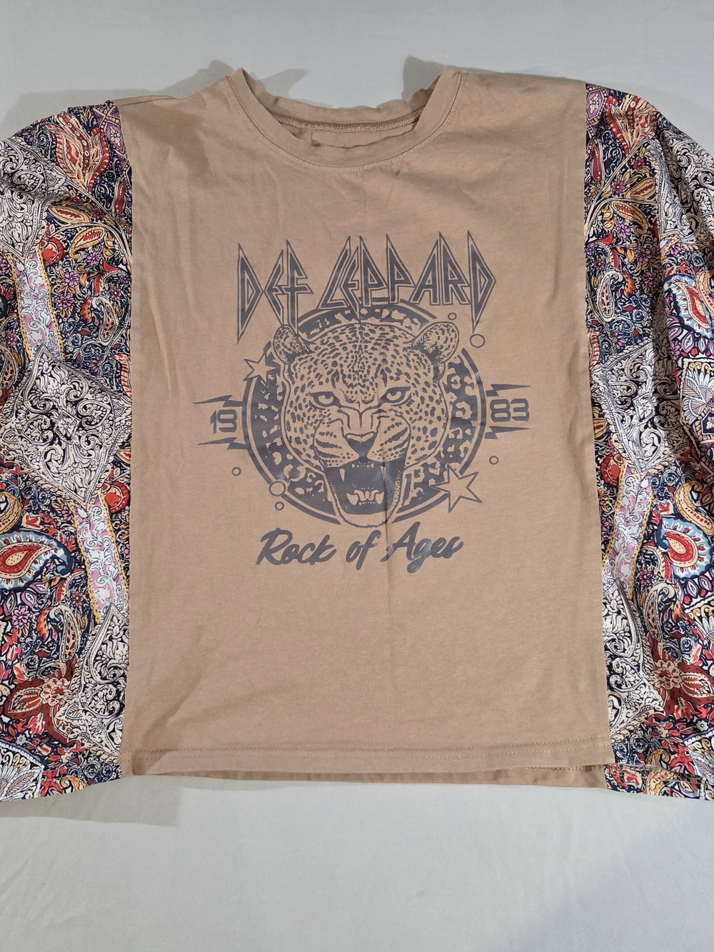 Women's 'Rock of Ages' Graphic Shirt with Bell Paisley Sleeves.